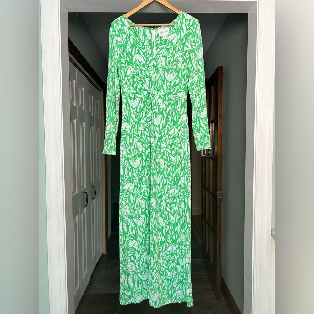 Lilly Pulitzer Long Sleeve Front Twist V Neck Soft Maxi Dress Sz 8 Green White
